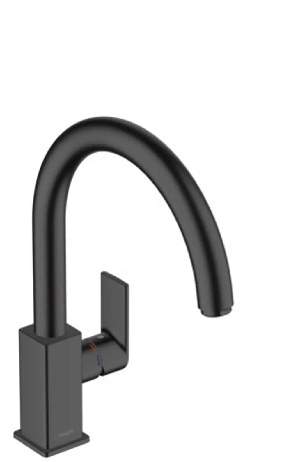 Schwarzer Einhebel-Spültischmischer mit langer Auslaufhöhe und quadratischer Basis von Hansgrohe. Der Hebel zur Temperaturregelung ist an der Seite angebracht.